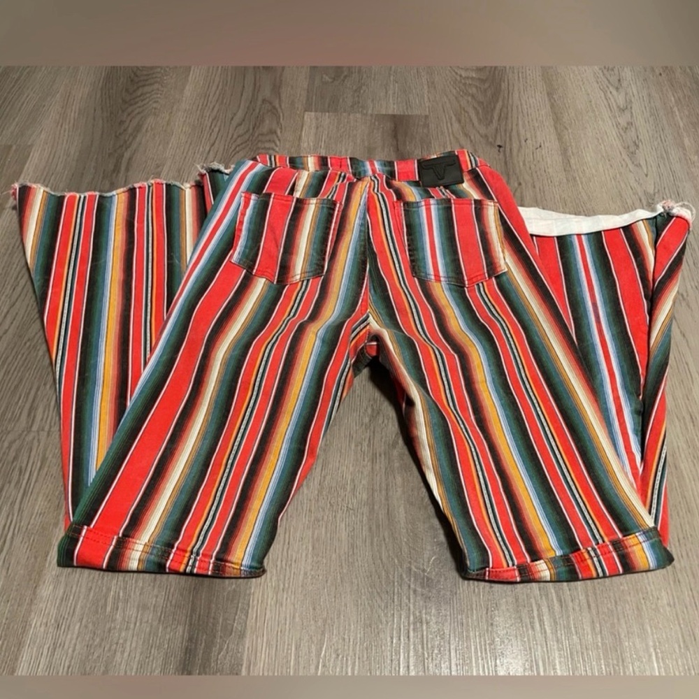 Retro Jeans LUCKY BLESSED HIGH RISE FLARE Serape Stripe Red Black Blue Size 10 - Picture 4 of 10